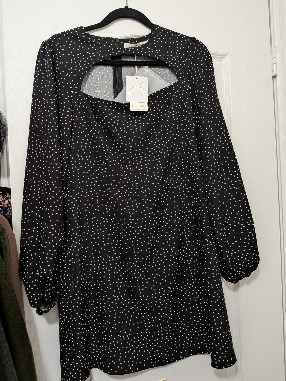 NWT - Commense Keyhole Neck, Black and White Polka Dot Long Sleeve Mini Dress